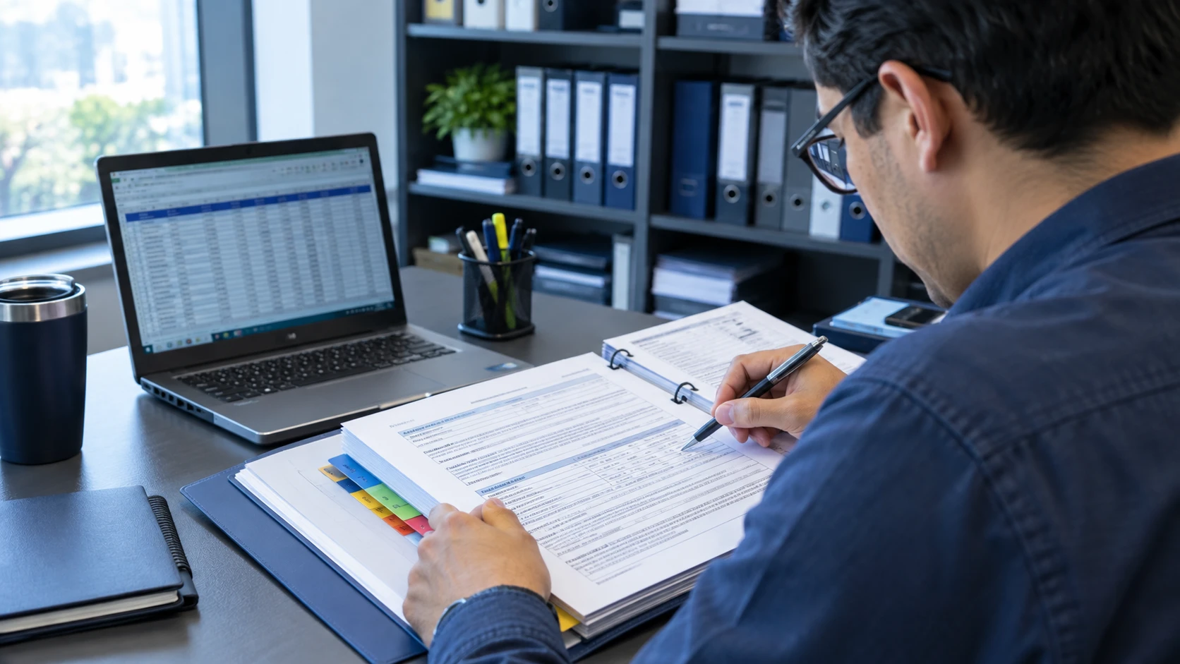 Especialista revisando una carpeta normativa junto a su computadora